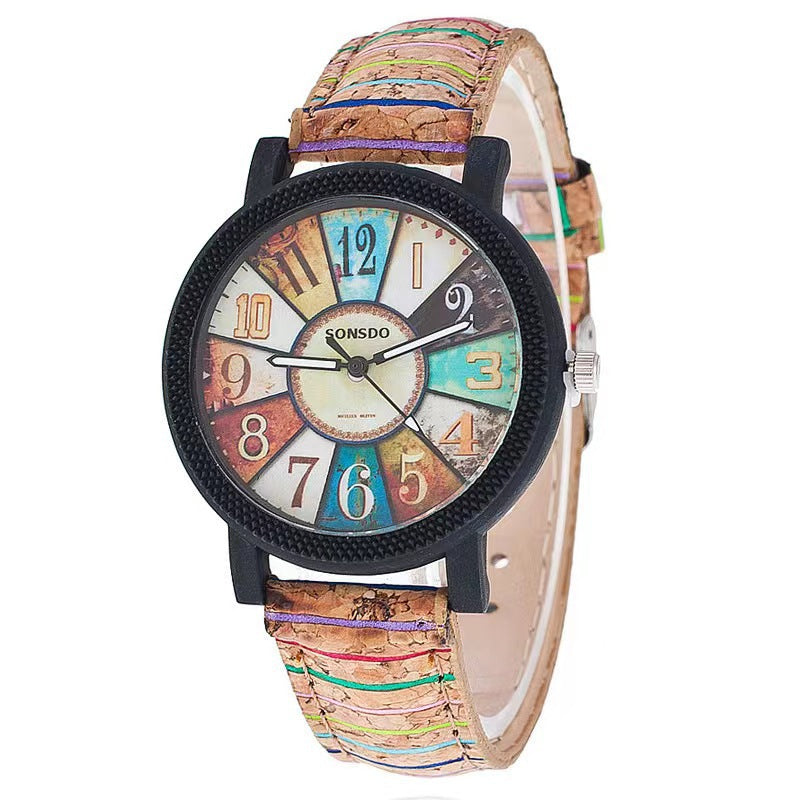 Montre Femme Rétro Cadran Bois Bracelet Cuir