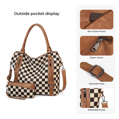 Tote Bag PU Carreaux & Léopard — 4 Coloris