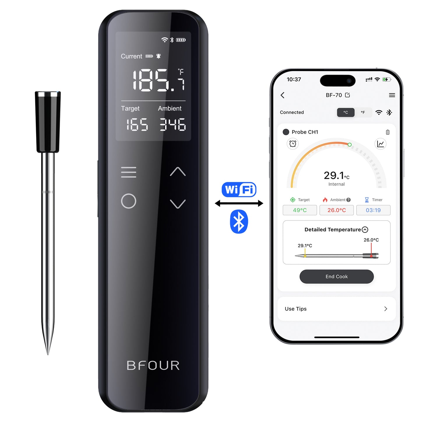 ThermoChef Pro – Slimme Bluetooth & WiFi Voedselthermometer | IP67, ±0,3°C, 24u Batterijduur