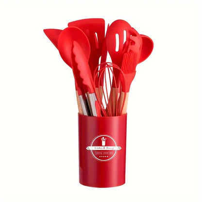 Set 12 Ustensiles Cuisine Silicone Manche Bois