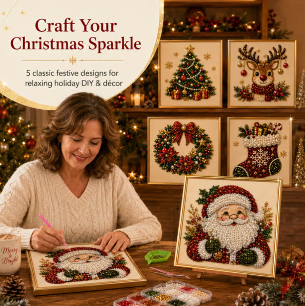 Peinture Diamant à la Perle — Kit DIY Thème Noël / 20×20 cm / Cadre Inclus