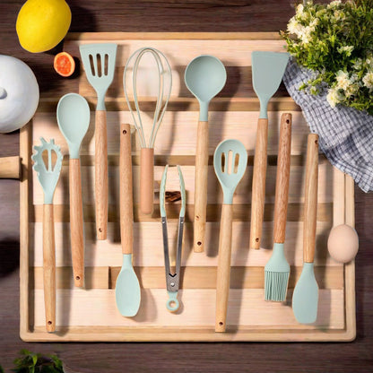 Set 12 Ustensiles Cuisine Silicone Manche Bois