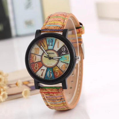 Montre Femme Rétro Cadran Bois Bracelet Cuir