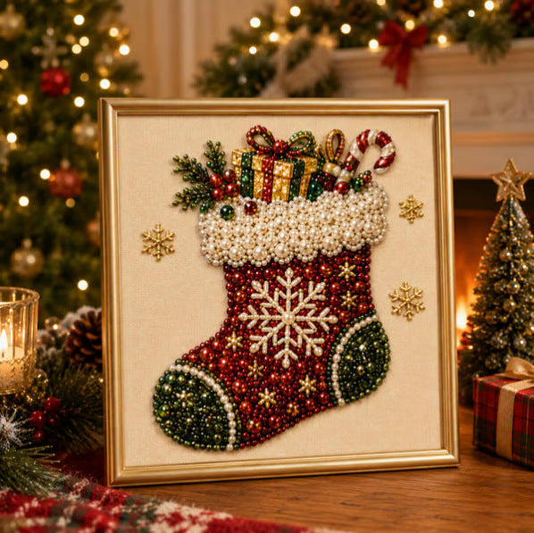Peinture Diamant à la Perle — Kit DIY Thème Noël / 20×20 cm / Cadre Inclus