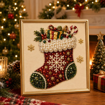 Peinture Diamant à la Perle — Kit DIY Thème Noël / 20×20 cm / Cadre Inclus