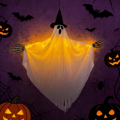 Décoration Halloween Lumineuse — Chapeau Sorcier & Griffe Fantôme / 80×90 cm