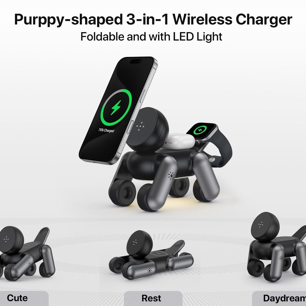 Chargeur Sans Fil 3-en-1 Purppy — Chiot Robot Pliable / 15W / LED