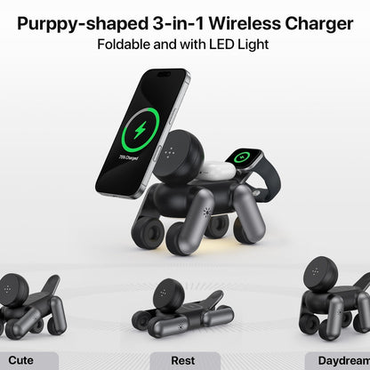 Chargeur Sans Fil 3-en-1 Purppy — Chiot Robot Pliable / 15W / LED