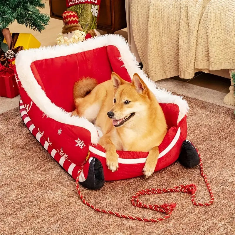 Corbeille Festive en Peluche pour Chien & Chat — Traîneau Noël / Chaleur & Confort / M & L