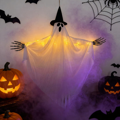 Décoration Halloween Lumineuse — Chapeau Sorcier & Griffe Fantôme / 80×90 cm