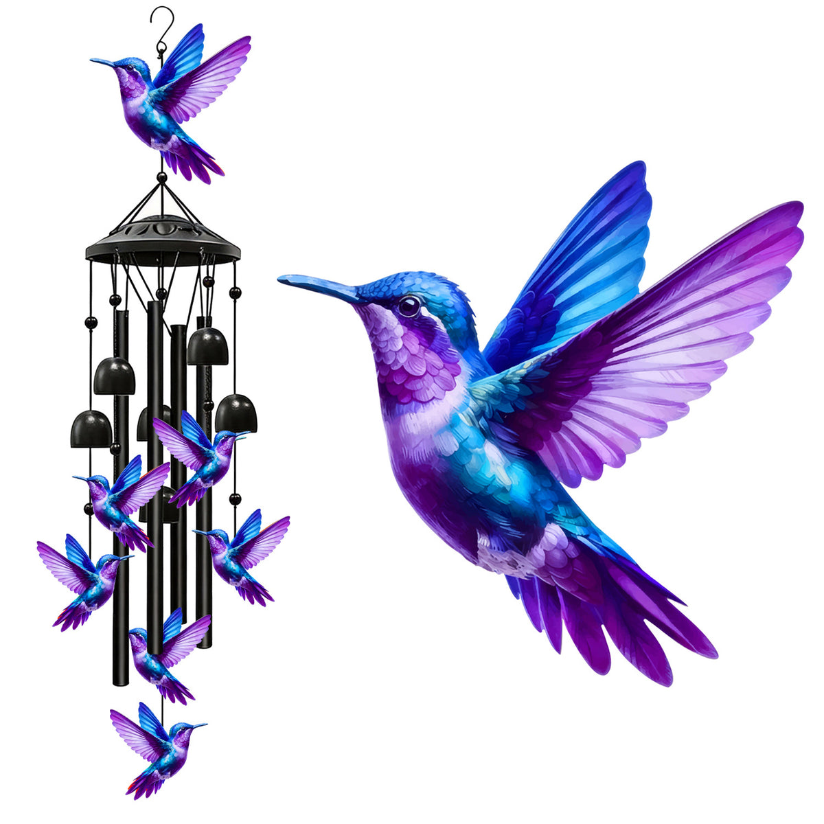 Carillon Éolien en Métal 91cm -  Coq /  Père Noël /  Colibri