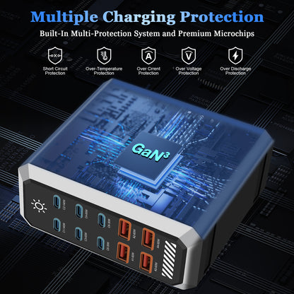 Station de Charge Bureau GaN 660W — 10 Ports (6 USB-C + 4 USB-A) / PD 140W / Tactile / LED RGB