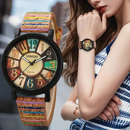 Montre Femme Rétro Cadran Bois Bracelet Cuir