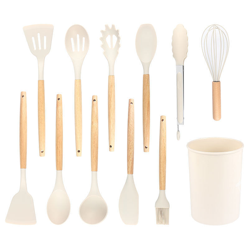 Set 12 Ustensiles Cuisine Silicone Manche Bois