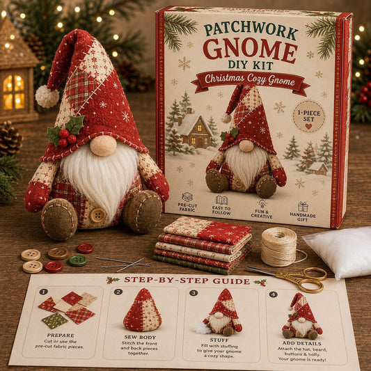 Kit DIY Gnome de Noël en Patchwork — Winter Cabin Gnome / Tissu Pré-Découpé / Guide Inclus