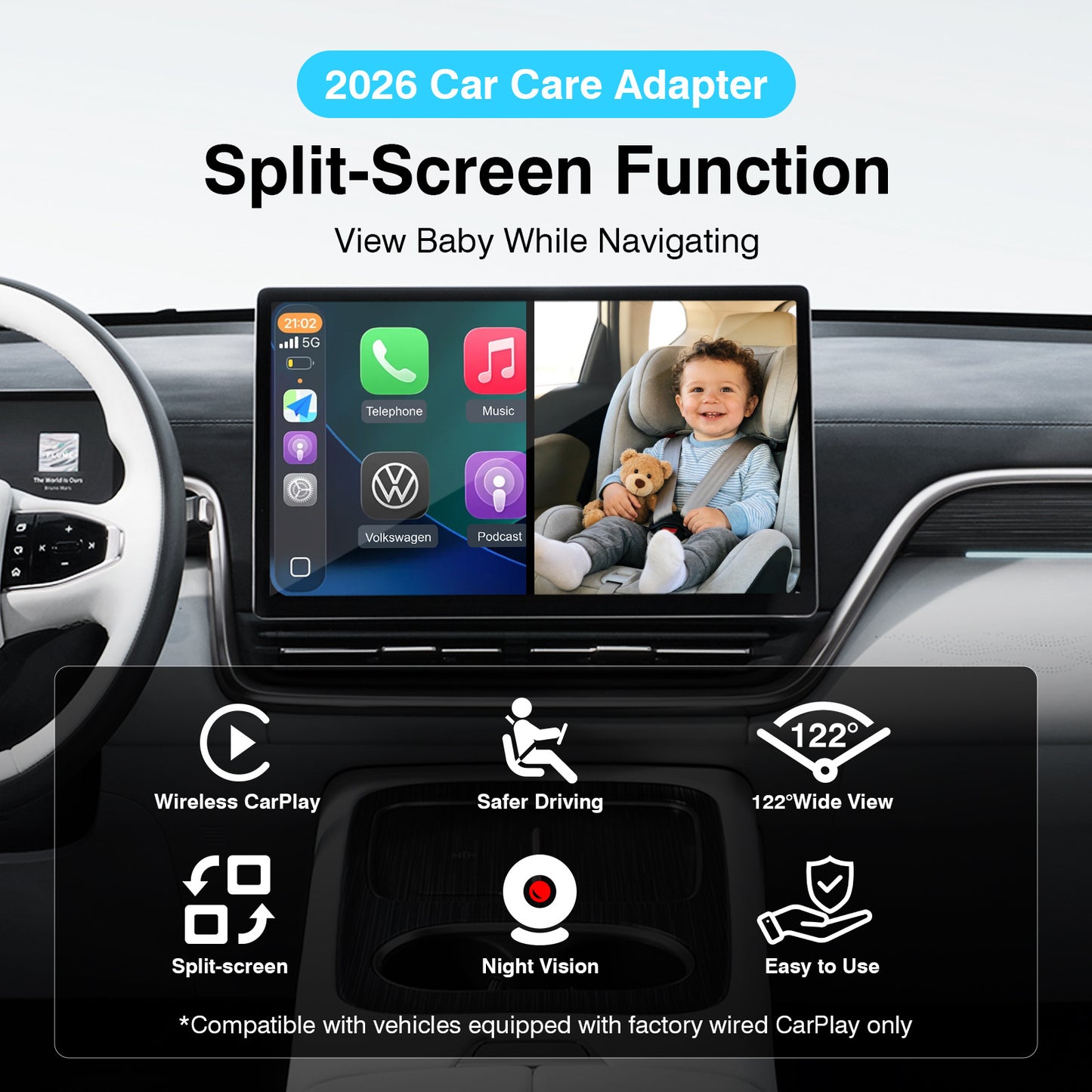 Moniteur Bébé pour Siège Auto — Caméra 5 MP / Vision Nocturne / CarPlay