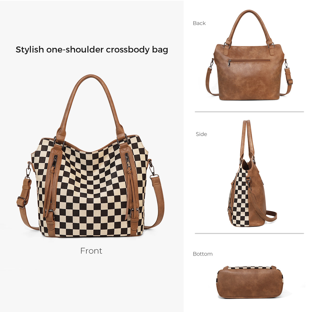 Tote Bag PU Carreaux & Léopard — 4 Coloris