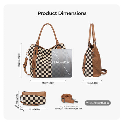 Tote Bag PU Carreaux & Léopard — 4 Coloris
