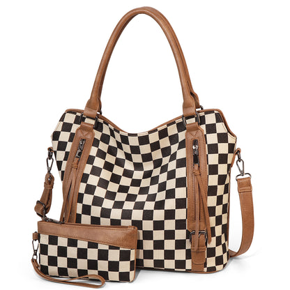 Tote Bag PU Carreaux & Léopard — 4 Coloris