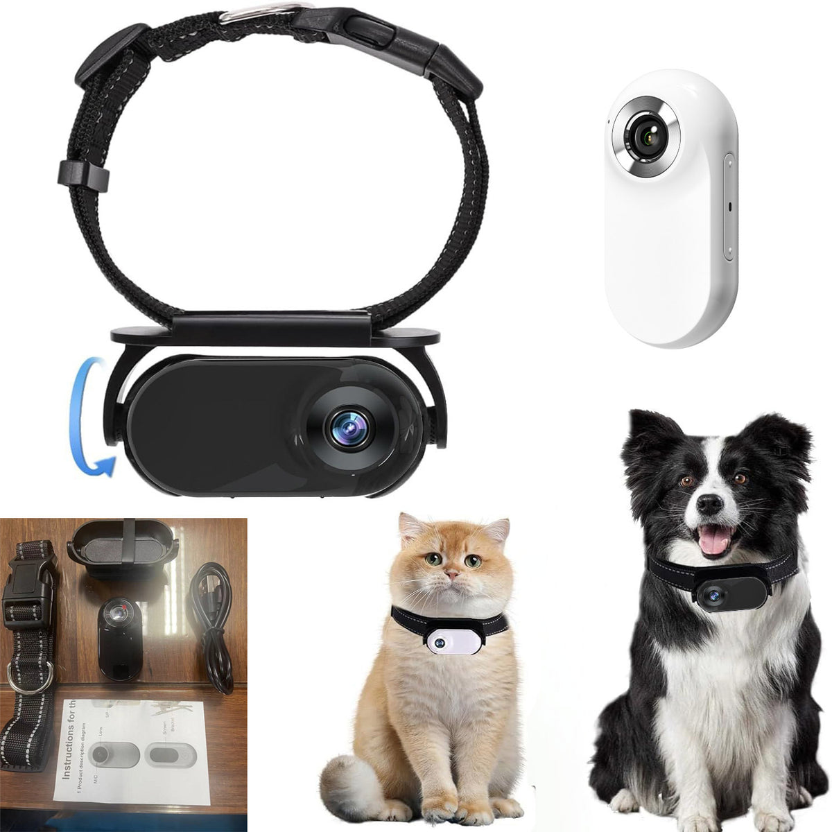 Caméra HD pour Collier Animal de Compagnie — Angle Réglable 360° / 1080P / Noir ou Blanc