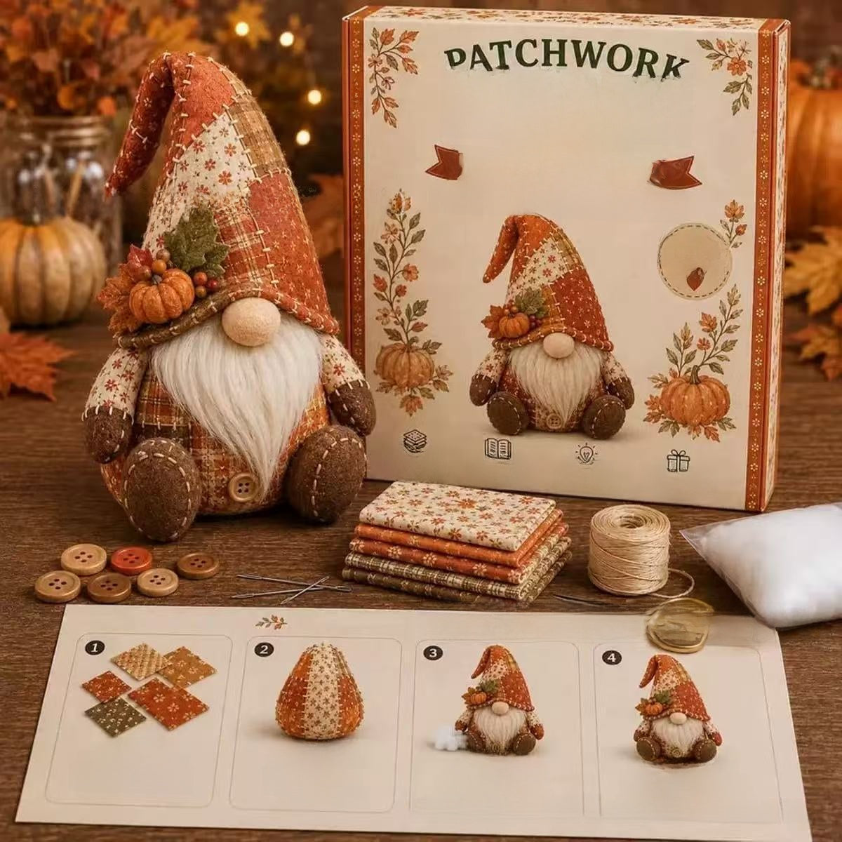 Kit DIY Gnome de Noël en Patchwork — Winter Cabin Gnome / Tissu Pré-Découpé / Guide Inclus
