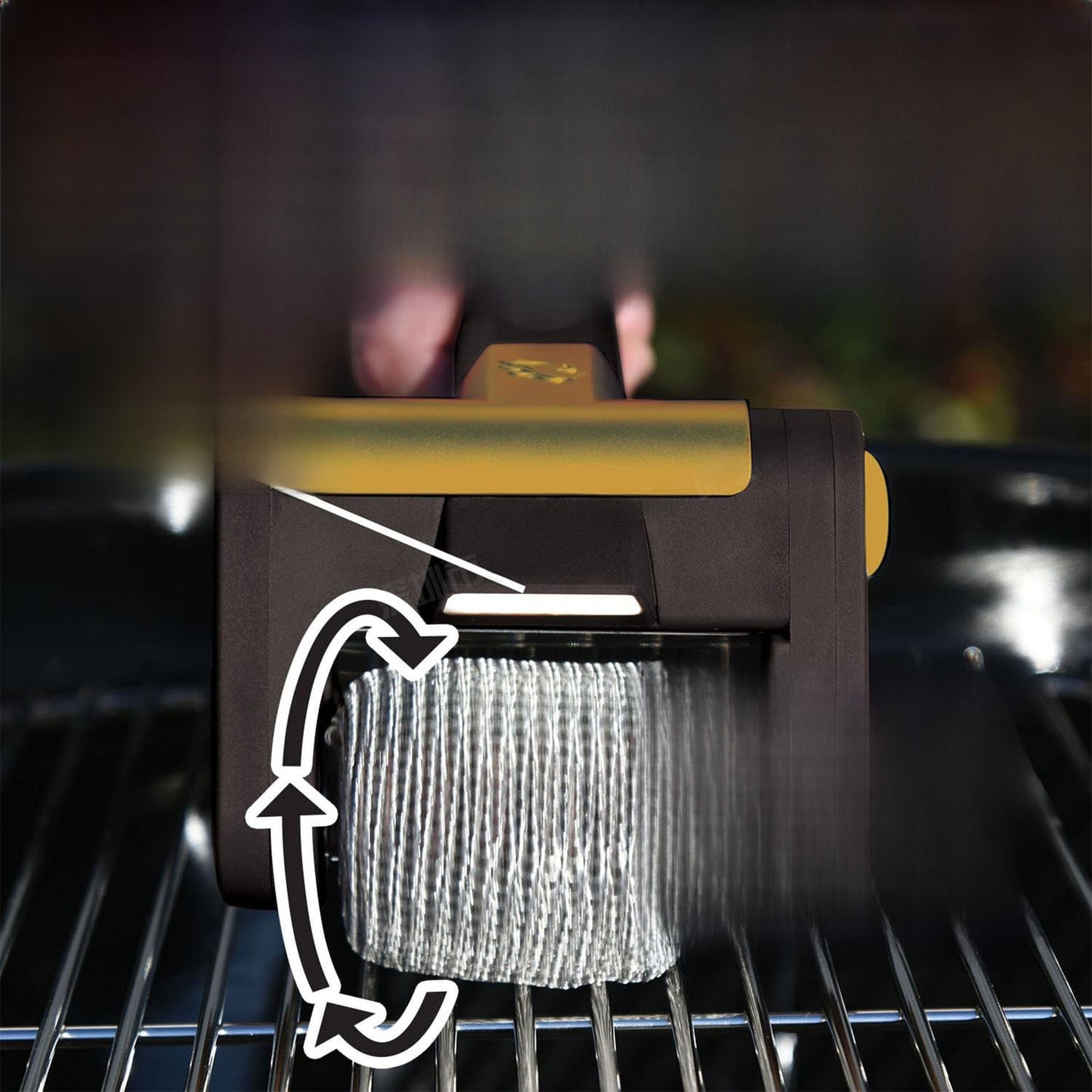 GrillSpin Pro – Oplaadbare BBQ-borstel van roestvrij staal 304 met rol | LED, Draadloos, Zwart/Goud & Bruin