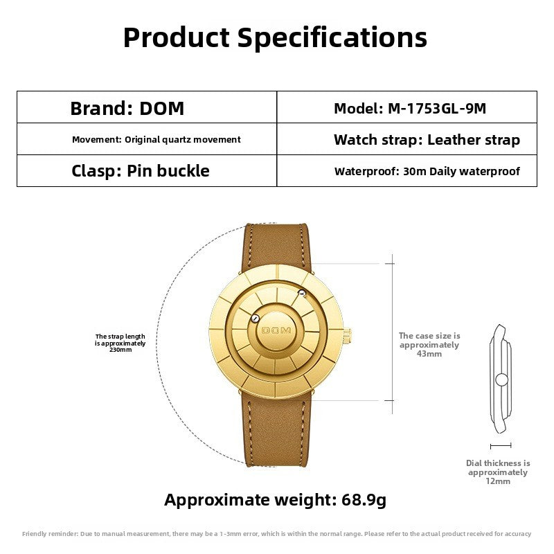 Montre DOM Billes Magnétiques — Cadran Sans Aiguilles / Quartz / Cuir Véritable