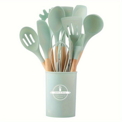 Set 12 Ustensiles Cuisine Silicone Manche Bois