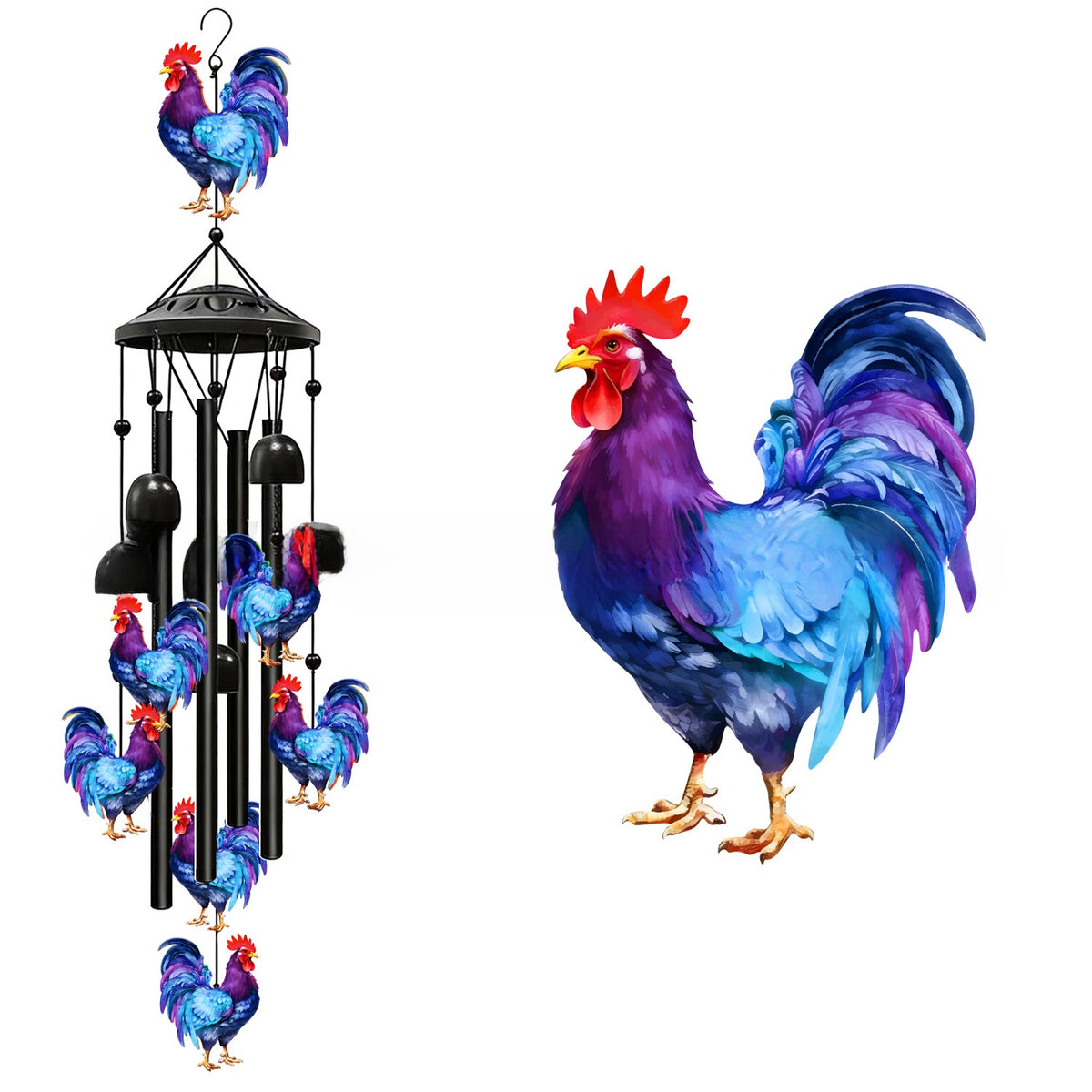 Carillon Éolien en Métal 91cm -  Coq /  Père Noël /  Colibri