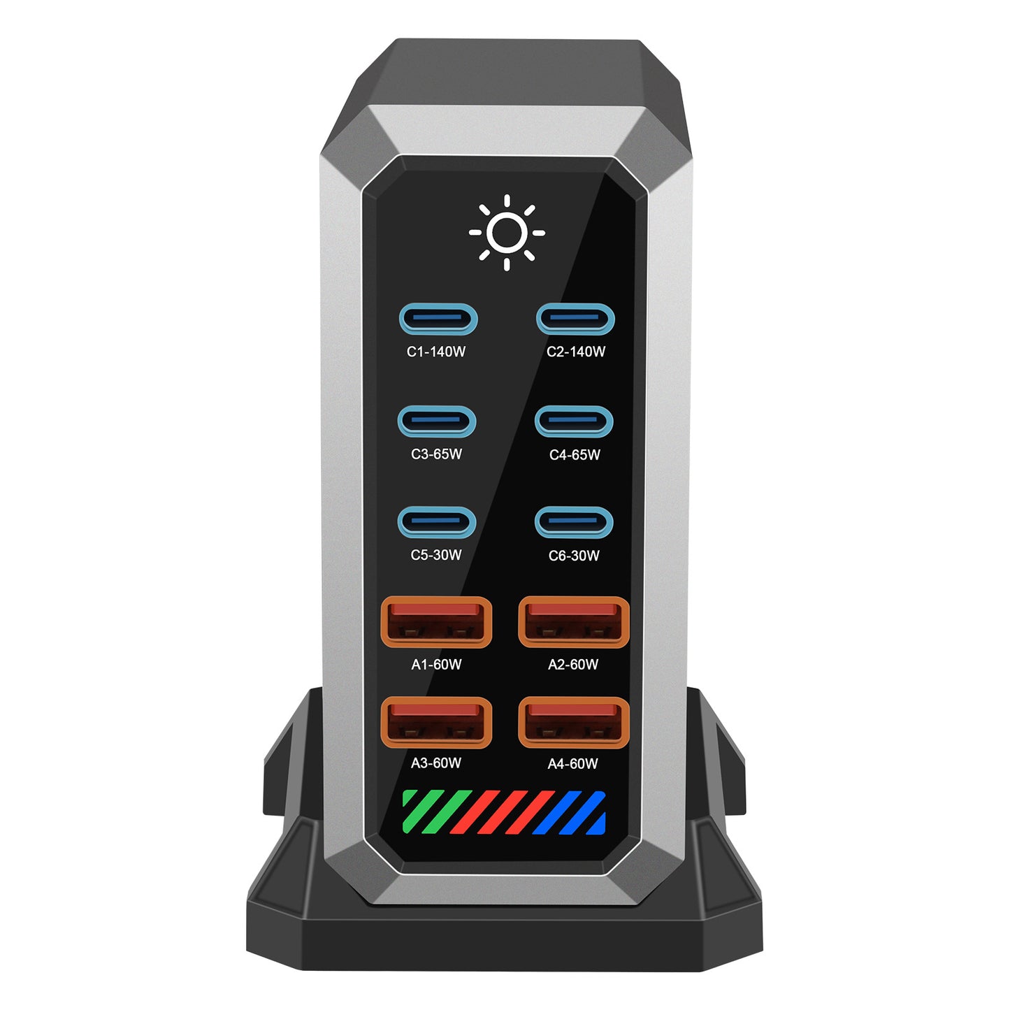 Station de Charge Bureau GaN 660W — 10 Ports (6 USB-C + 4 USB-A) / PD 140W / Tactile / LED RGB