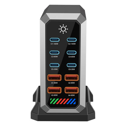 Station de Charge Bureau GaN 660W — 10 Ports (6 USB-C + 4 USB-A) / PD 140W / Tactile / LED RGB