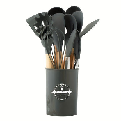 Set 12 Ustensiles Cuisine Silicone Manche Bois