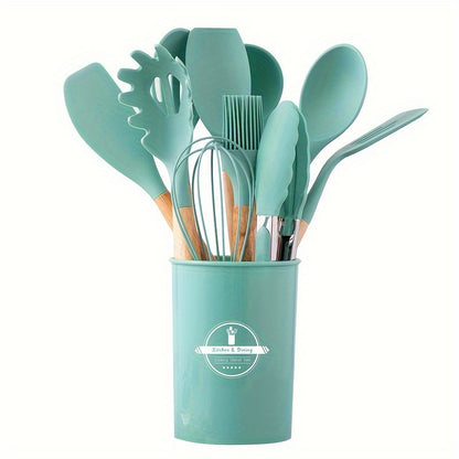 Set 12 Ustensiles Cuisine Silicone Manche Bois