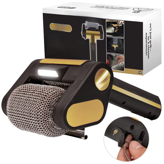 GrillSpin Pro – Brosse BBQ Rechargeable Inox 304 à Rouleau | LED, Sans Fil, Noir/Or & Marron