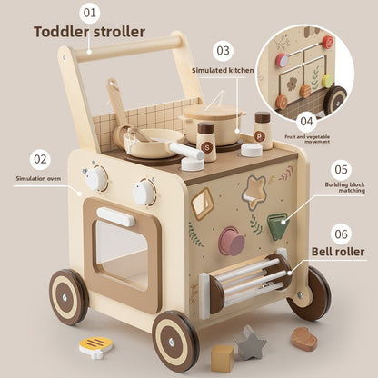 Houten Loopwagen met Kralen — Multispeelwagentje 0-3 jaar
