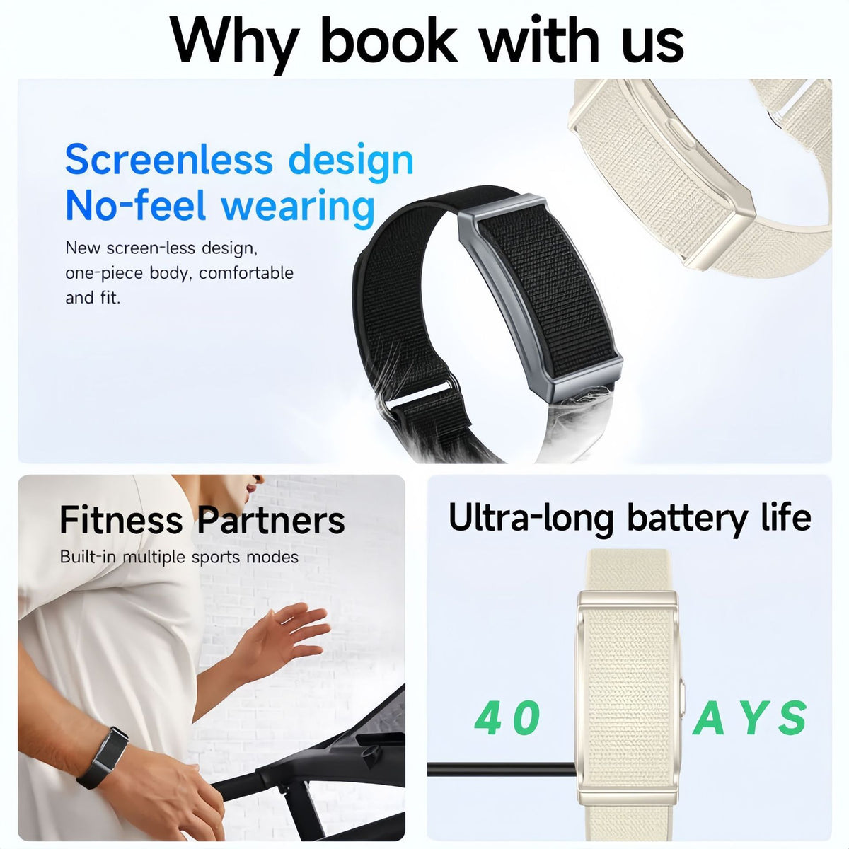 Bracelet Connecté Sans Écran - Suivi Santé & 21 Jours d’Autonomie / 2 Coloris