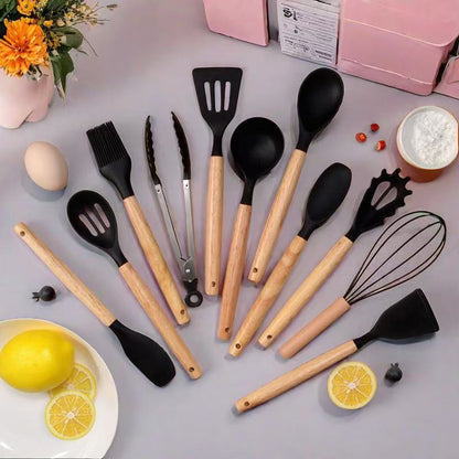 Set 12 Ustensiles Cuisine Silicone Manche Bois