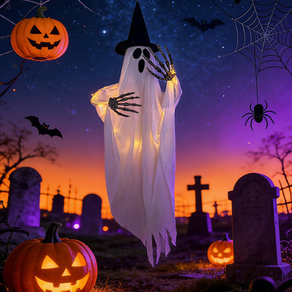 Décoration Halloween Lumineuse — Chapeau Sorcier & Griffe Fantôme / 80×90 cm