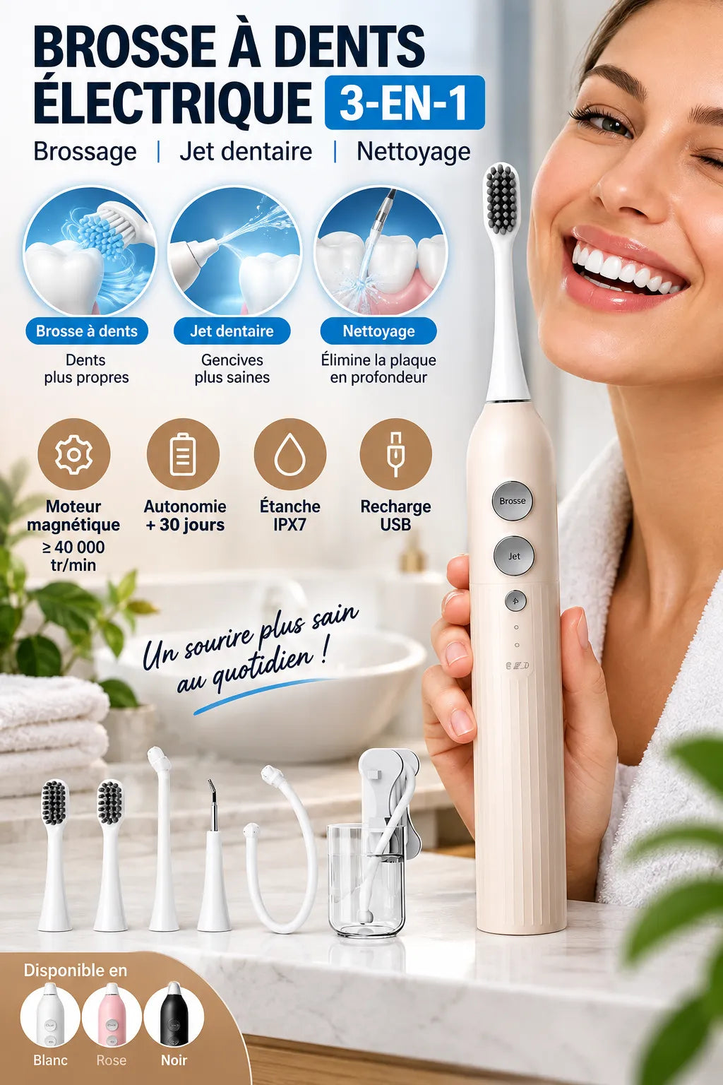 Brosse à Dents Électrique Lévitation Magnétique 3-en-1 — 40 000 RPM / 30 Jours / 3 Coloris