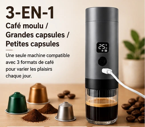 Machine à Café Portable 3-en-1 — Capsules & Café Moulu / Chauffage Rapide