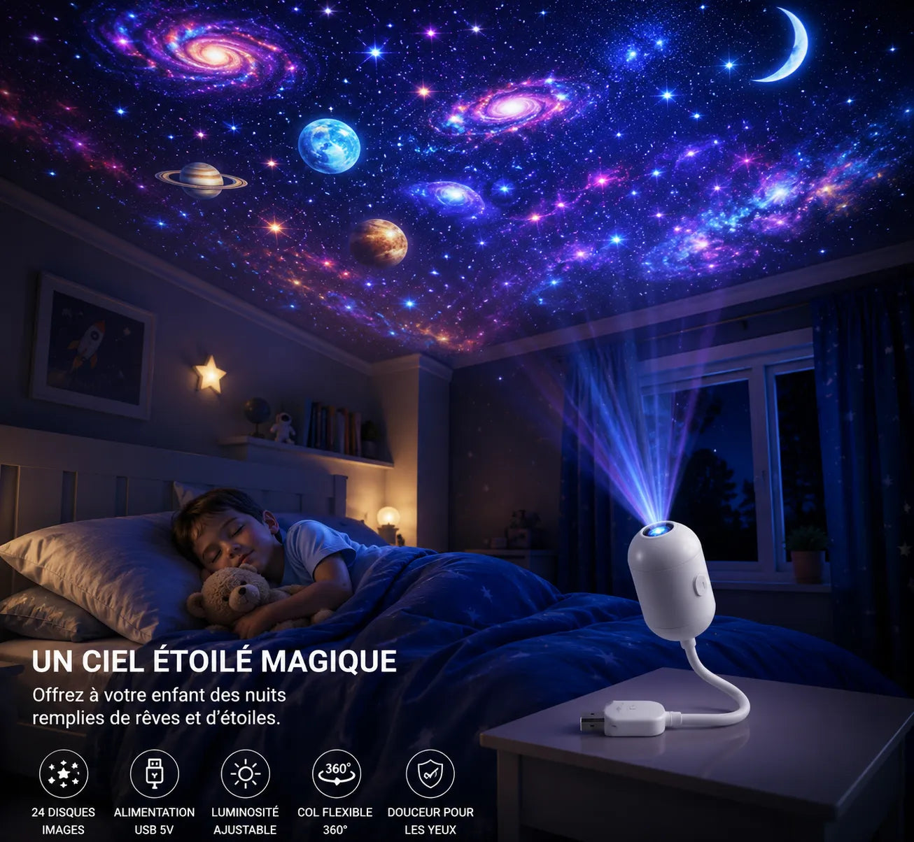 Veilleuse Projecteur LED Enfant — 24 Disques Images / Col de Cygne USB / Orientable