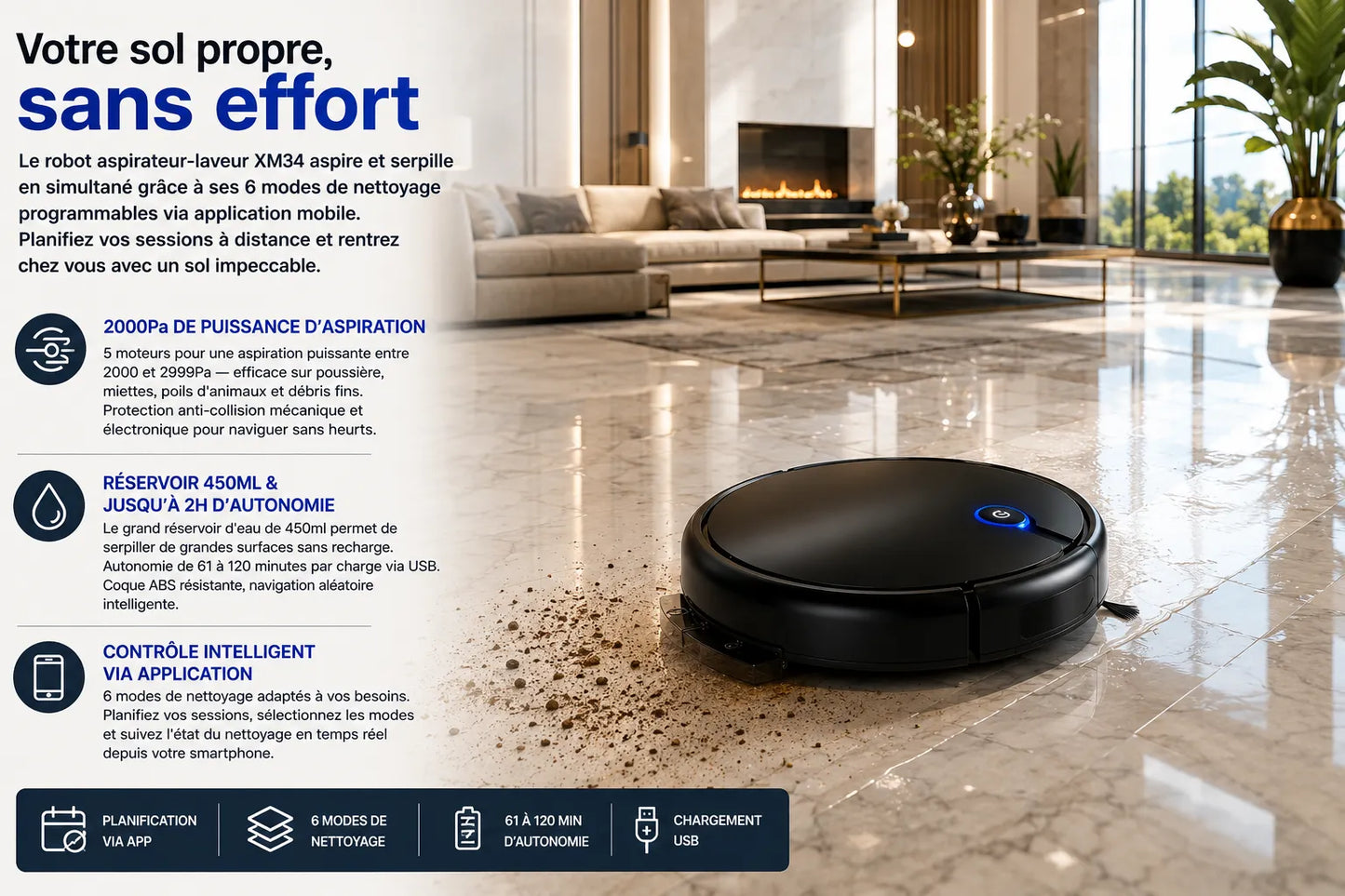 Robot Aspirateur Laveur Contrôle APP 6 Modes Réservoir 450ml