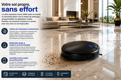 Robot Aspirateur Laveur Contrôle APP 6 Modes Réservoir 450ml
