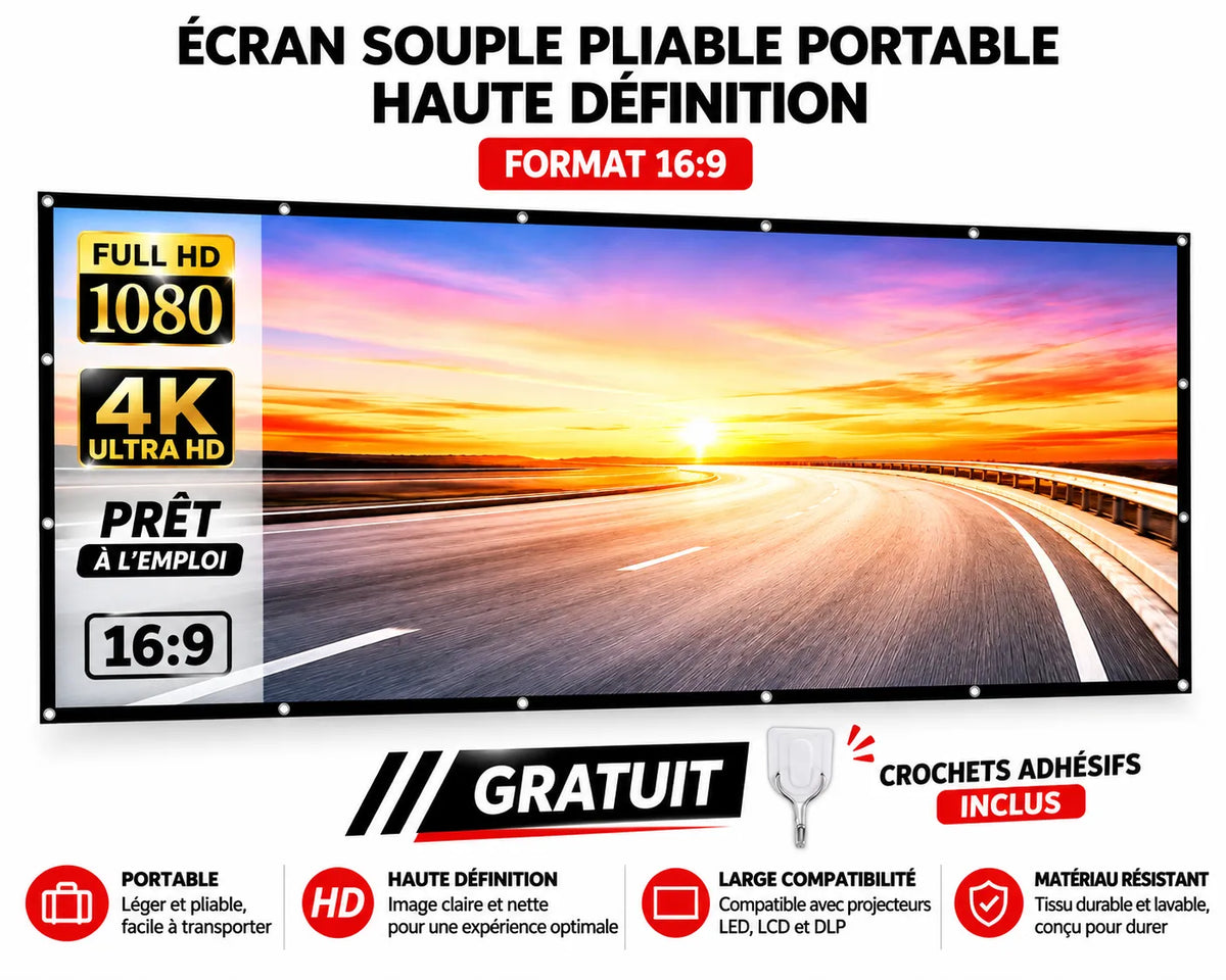 Écran de Projection Pliable 100 Pouces — Format 16:9 / 2.20×1.24m / Ultra-Portable