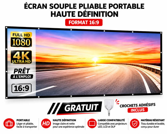 Écran de Projection Pliable 100 Pouces — Format 16:9 / 2.20×1.24m / Ultra-Portable