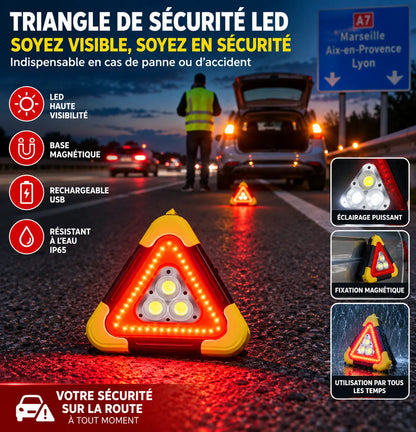 Triangulaire d’Urgence Multifonctionnelle LED — 800-1000 lm / Solaire + USB / 4 Modes / Sécurité Routière