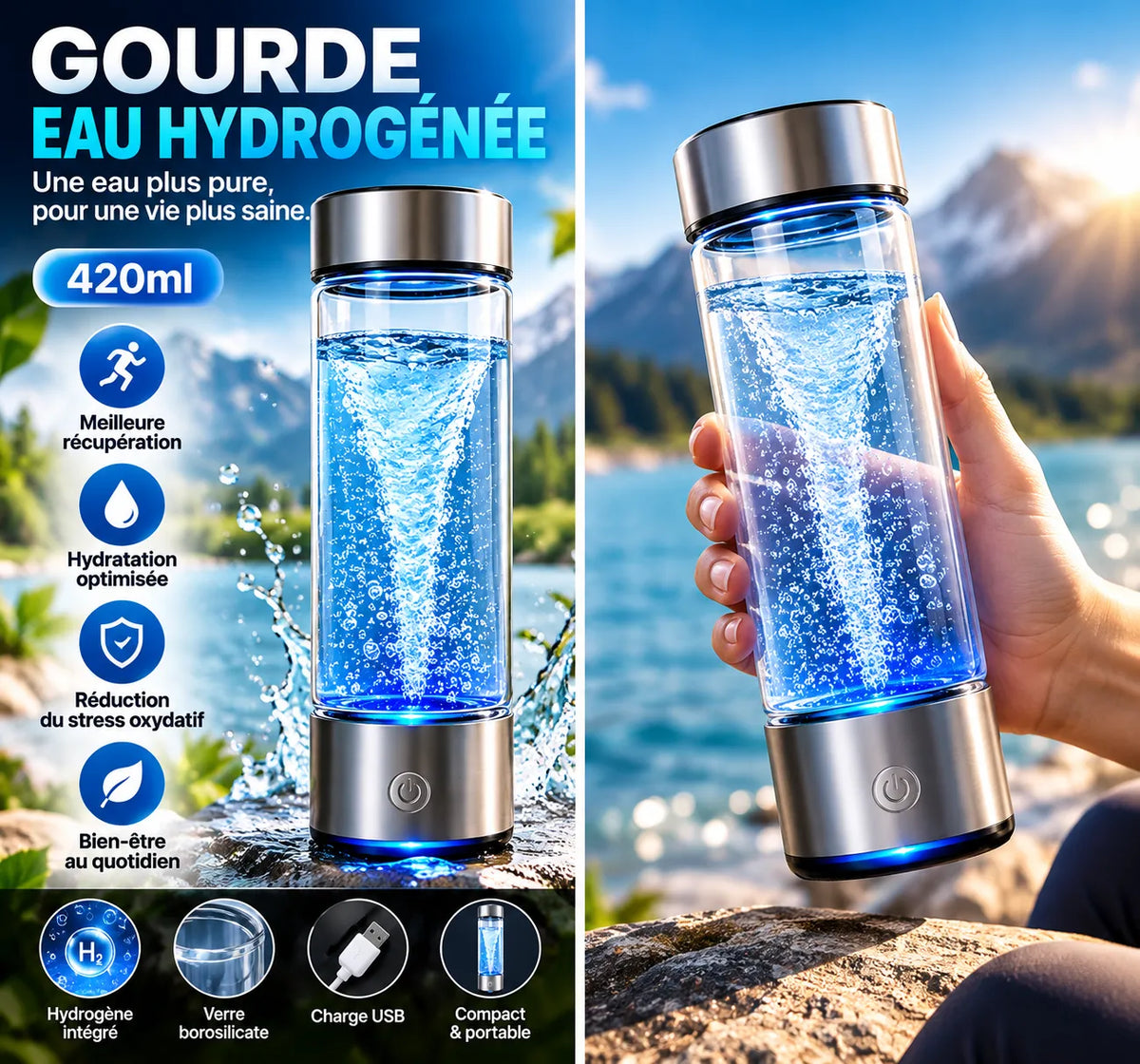Gourde Eau Hydrogénée Portable