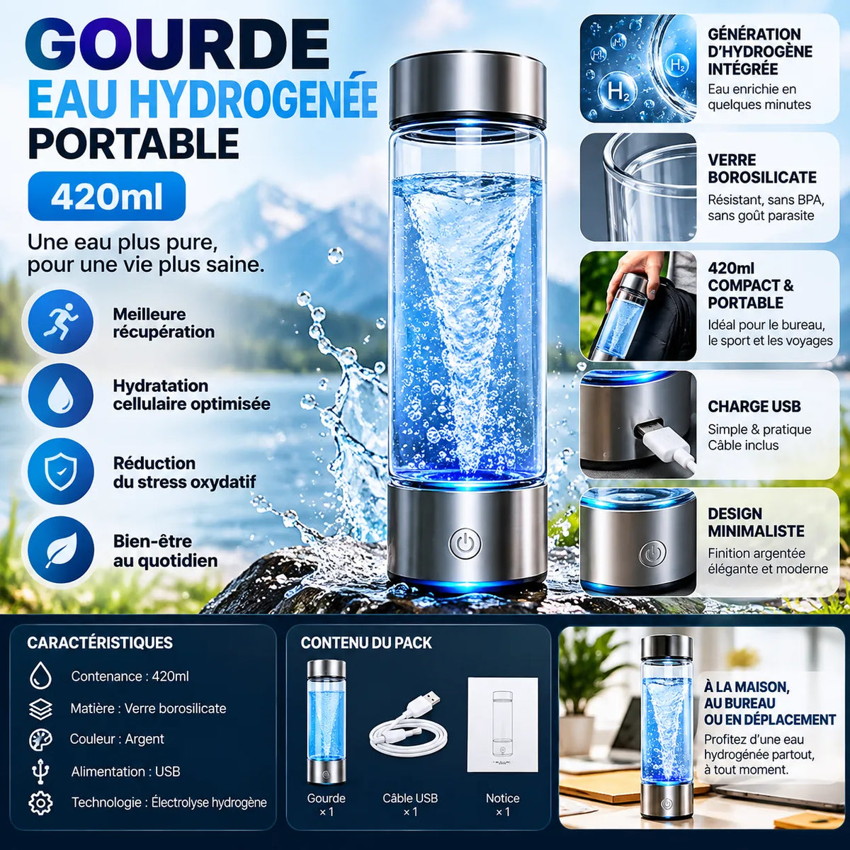 Gourde Eau Hydrogénée Portable