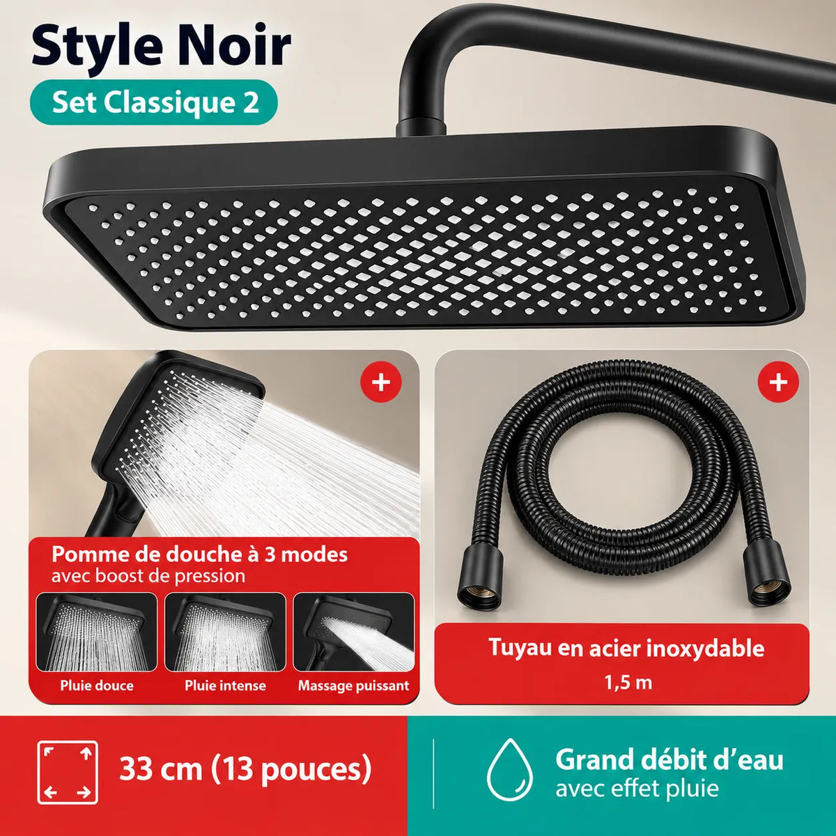 Kit Douche Pommeau Carré Haute Pression- 4 Coloris