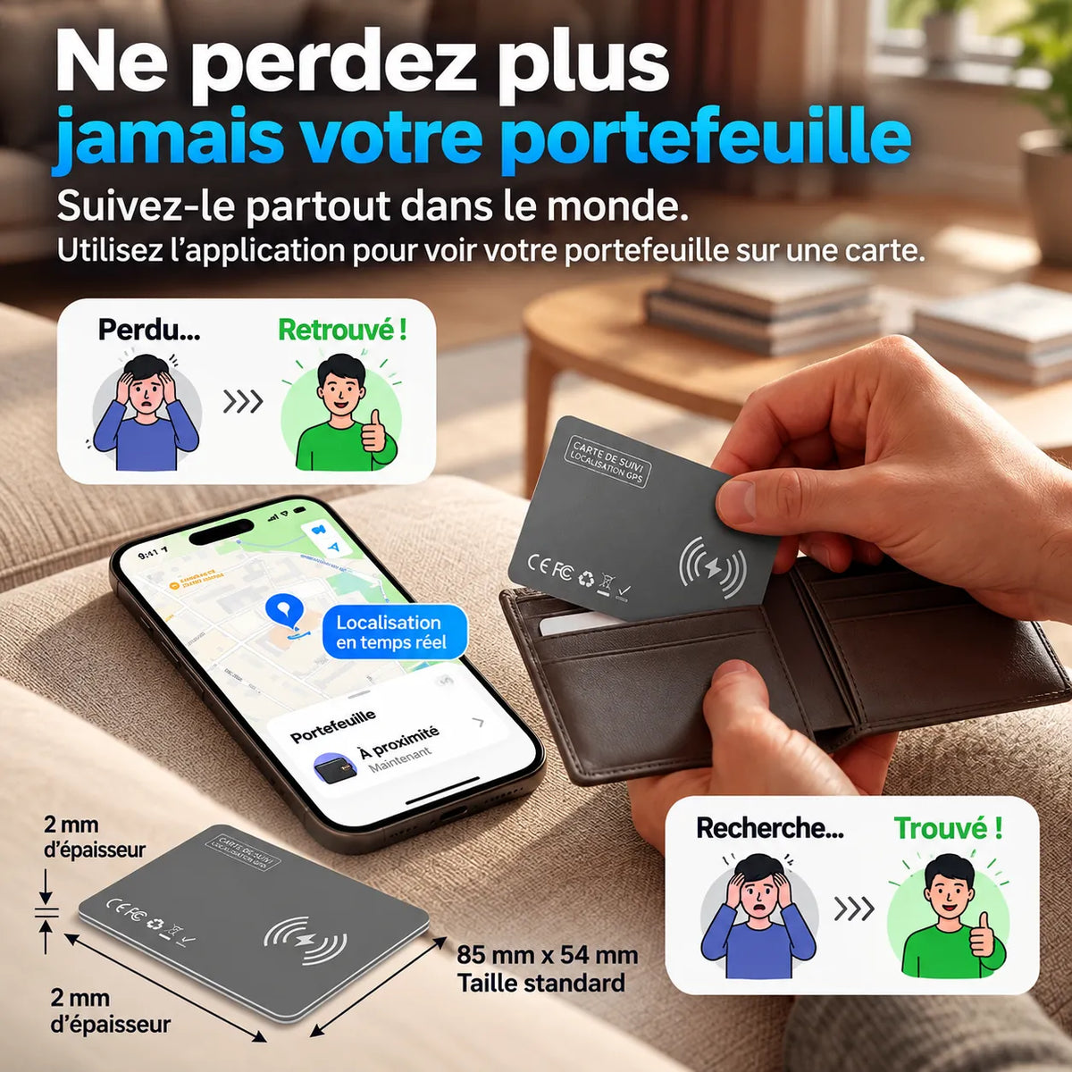 Kaart-locator creditcardformaat — FindMy & draadloos opladen